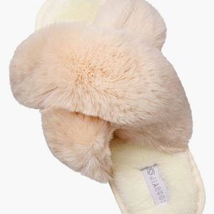Cross Open-Toe Furry House Slippers